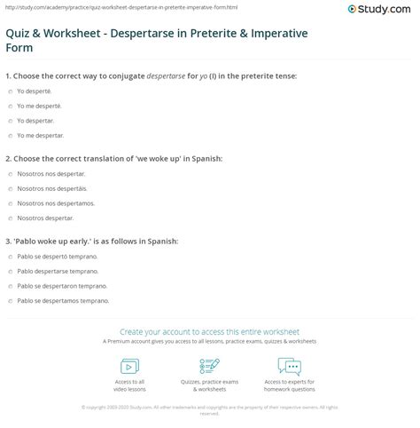 Quiz & Worksheet - Despertarse in Preterite & Imperative Form | Study.com