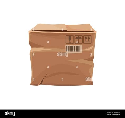 Deformed broken damaged crumpled cardboard box package, crushed or ripped cargo delivery parcel ...