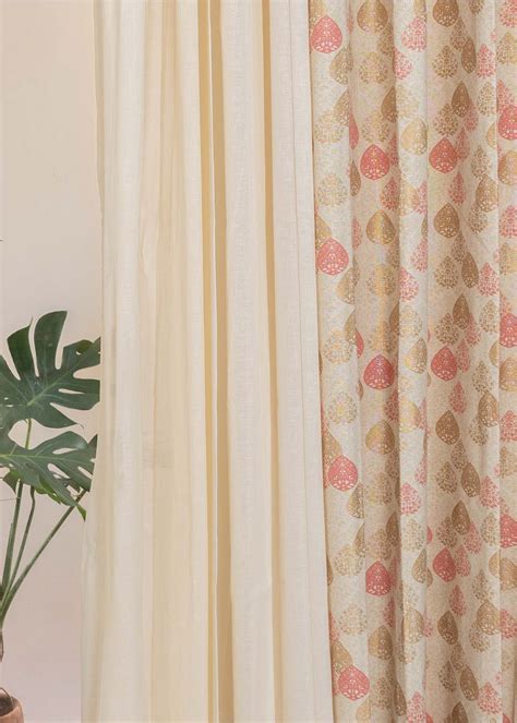 Indian Shimmer, Cream Solid Sheer Set of 4 Combo Cotton Curtain - Mult