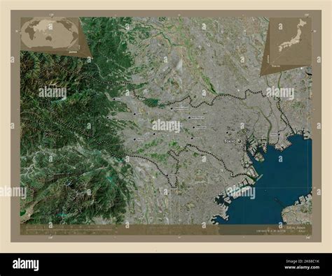 Tokyo, metropolis of Japan. High resolution satellite map. Locations and names of major cities ...