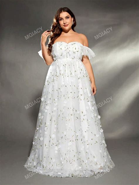 Plus Size Women's Off Shoulder 3d Embroidery Ruched Tulle Wedding Dress ...