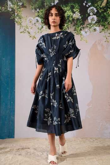 Buy Blue Silk, Chanderi Embroidery Round Neck Box Pleat Midi Dress For ...