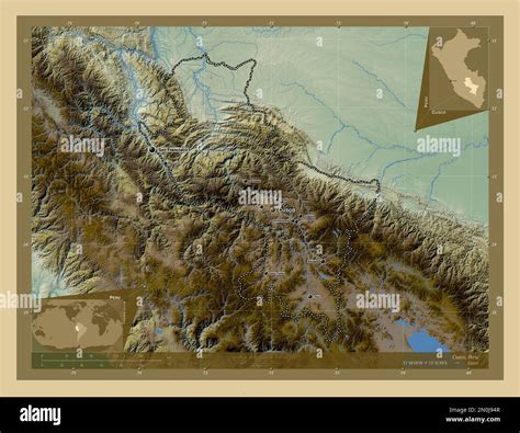 Cusco, region of Peru. Colored elevation map with lakes and rivers. Locations and names of major ...