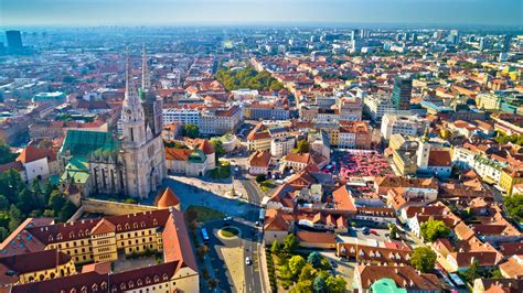 Zagreb cathedral and historic city center aerial view, famous landmarks of capital of Croatia ...
