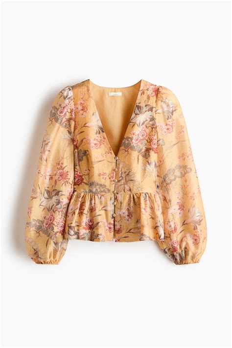 Linen-blend peplum blouse - Yellow/Floral - Ladies | H&M IN