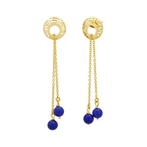 14k Gold Greek Key Dangle Chain Earrings - Dimos Jewellery