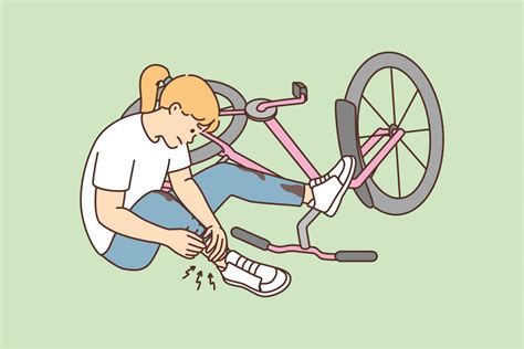 Small girl fall from bicycle break leg. Unhappy kid falling from bicycle injure foot. Childhood ...