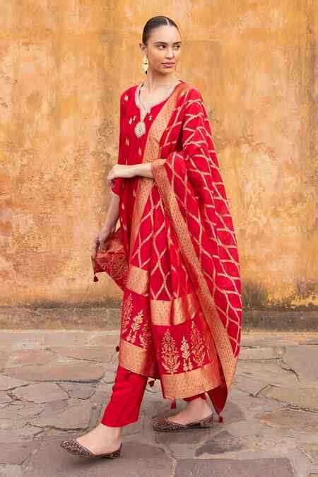 Buy Red Chanderi, Satin, Kota Doria Beads, Sequins, Aari Embroidered ...