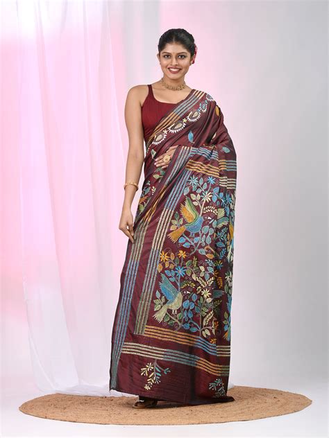 Maroon Silk Kantha Stitch Saree with Multicolor Thread Work – Charukriti