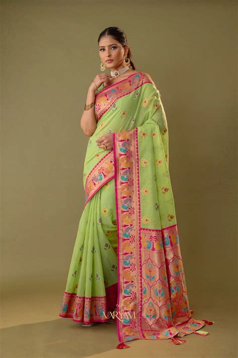 Kalista Linen Green Saree – Varyam