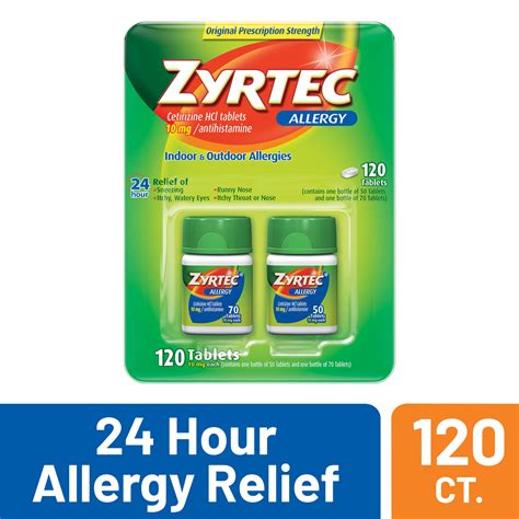 Zyrtec 24 Hour Allergy Relief Tablets with 10mg Cetirizine HCl, 120 ct ...