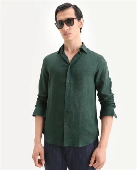 Rare Rabbit Men's Linex Ls Dark Green Linen Blend Fabric Full Sleeve S