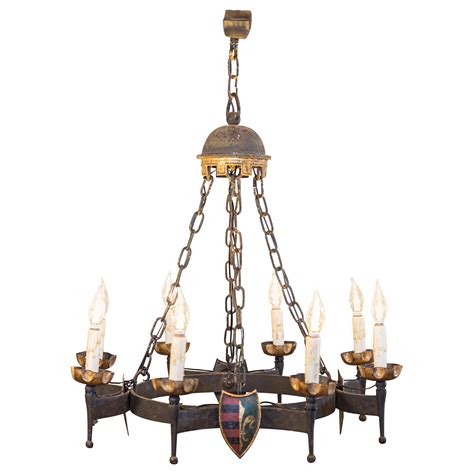French Gothic Style Eight-Light Iron Chandelier with Hand-Painted ...