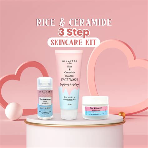 Glamveda Korean Glass Skin Rice & Ceramide 3 Step Combo | Face Wash, T ...