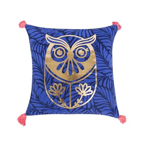 Buy Chumbak Mini Flower Owl Gold Foil 16Inches Cushion Cover - Blue Online