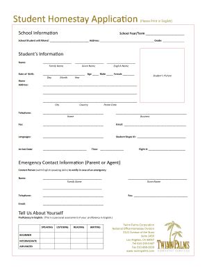 Fillable Online Student Homestay Application - btwinnpalmsbbcomb Fax ...
