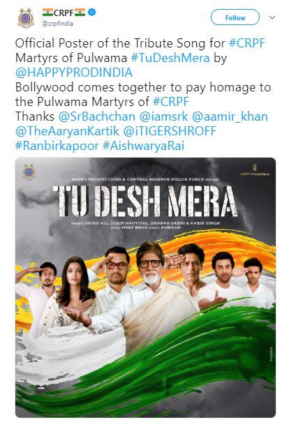 CRPF unveils 'Tu Desh Mera' poster featuring Bollywood stars paying ...