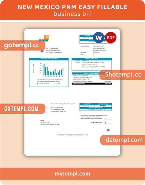 New Mexico PNM easy fillable business utility bill, Word and PDF template