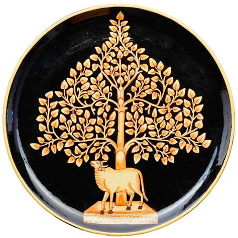 Handpainted Pichwai Wall Plate - Nandi under a tree - The Artisania