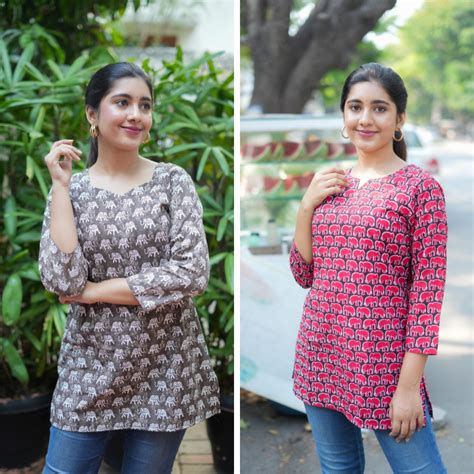 Short Kurti with 3/4th Sleeves & Comfort Fit ( Elephant Design) – Mayaval