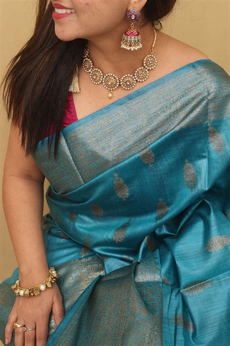 Stunning Blue Bhagalpur Tussar Moonga Silk Saree