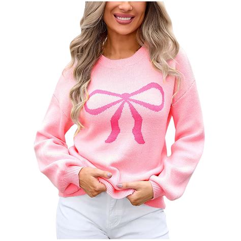XMMSWDLA Women Bow Knit Sweater Crew Neck Long Sleeve Knitted Pullover ...