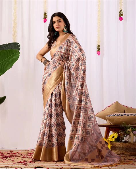 Beige Digital Print & Zari Woven Border Soft Lichi Silk – Kalyanja