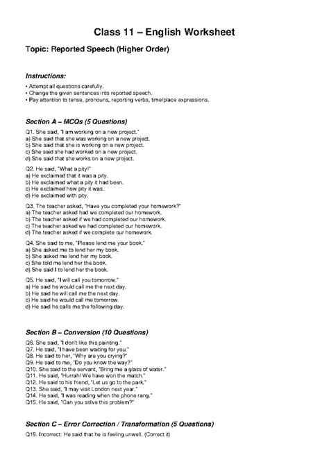 Class 11 English Reported Speech Worksheet (Higher Order) - Studocu