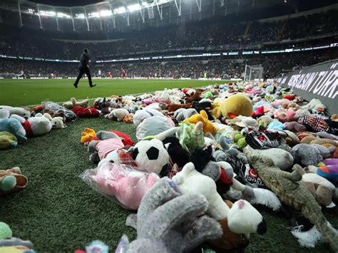 A wave of teddy bears flooded a soccer field in Turkey after fans came ...