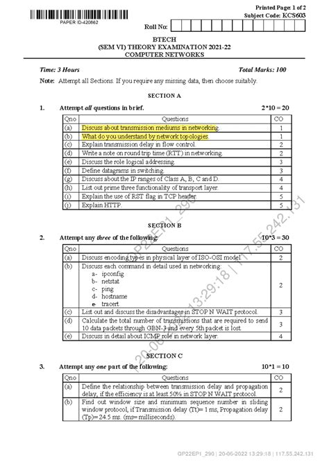 Computer Networks Exam QP23EP1 KCS 603 - B.Tech SEM VI 2023 - Studocu