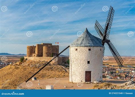 Vintage Don Quixote Windmill and Castle Stock Photo - Image of ...