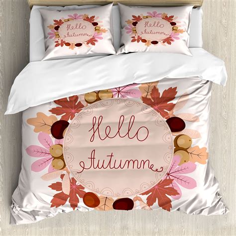 Hello Fall Duvet Cover Set, Soft Pastel Colored Floral Framed Autumn ...