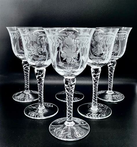 ANTIQUE ETCHED WINE Glasses 6 Vintage White Wine Glasses With Spiral ...