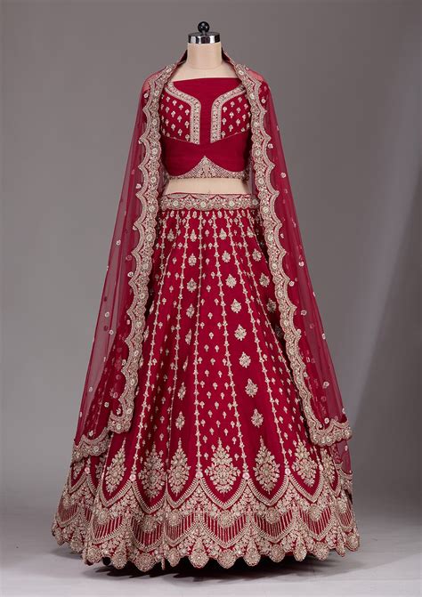 Buy Maroon Zardosi Raw Silk Semi-Stitched Lehenga - Koskii