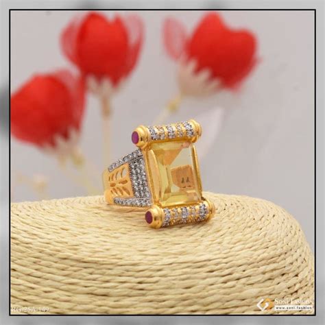 1 Gram Gold Plated Yellow Stone with Diamond Gold Plated Ring for Men ...