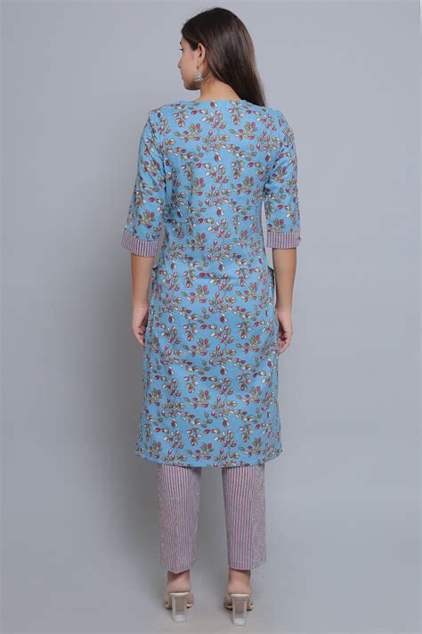 Blue Pure Cotton Straight Feeding Kurta Set