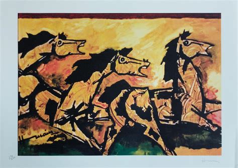 M.F. Husain - Horse Series, Serigraph on Paper, Red, Yellow by Modern Artist M.F. Husain For ...