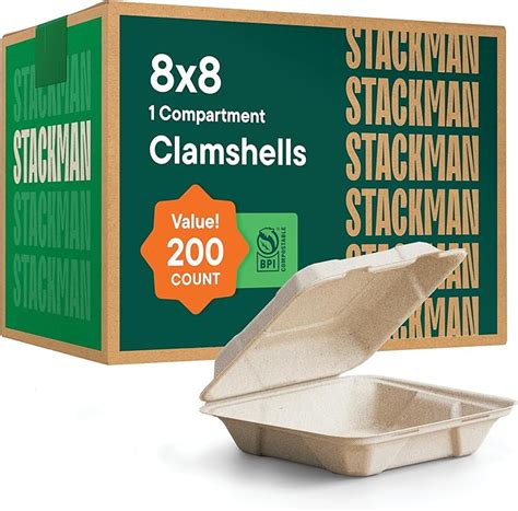 Bulk 200 Count 100 Compostable To Go Containers 8x8 Clamshell ...
