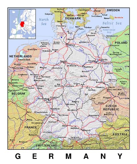 Detailed political map of Germany with relief | Germany | Europe | Mapsland | Maps of the World
