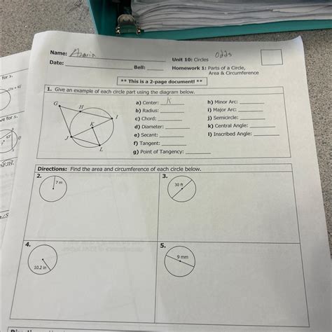 [FREE] Unit 10 Circles Homework: Parts of a Circle, Area, and ...