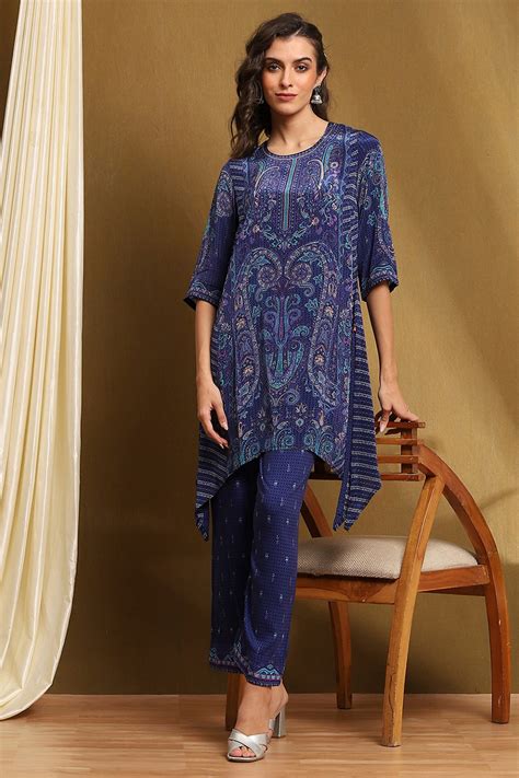 Buy Blue Crepe Printed Asymmetric Kurta Set Online at Biba India