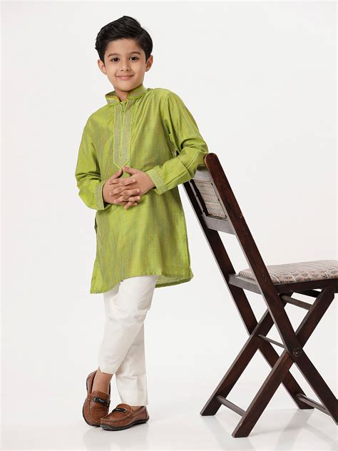Boys Cotton Embellished Neckline Full Sleeves Parrot Green Kurta with ...