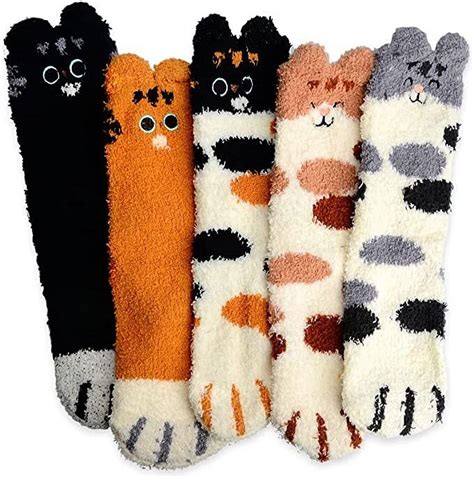 AOWEE Cat Paw Socks, 5 Pairs Cat Claw Socks for Girls Women Cozy Fuzzy ...