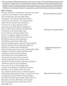 Marc Antony's "Friends, Romans, Countrymen" speech AP Literature prompt
