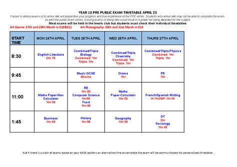 Y10 PPE April 2023 - gdfsafhjkl - YEAR 10 PRE PUBLIC EXAM TIMETABLE ...