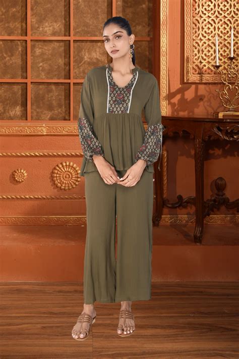 Shop Green Viscose Mandarin Collar Regular Top With Cuffed Sleeves for ...