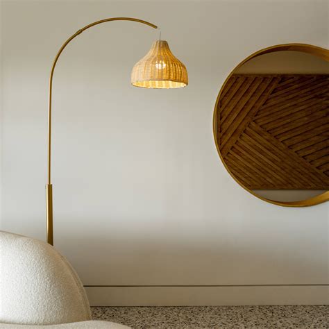 Brightech Lark 75 in. LED Arc Boho Floor Lamp with Rattan Shade and ...