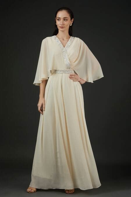 Buy Ivory Georgette Embroidery, Sequins V-neck Neckline Jumpsuit With ...