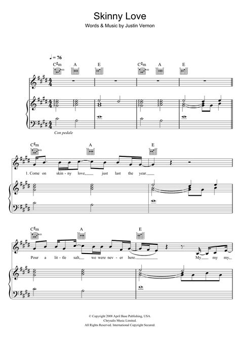 Skinny Love by Birdy Sheet Music for Piano, Vocal & Guitar Chords at ...