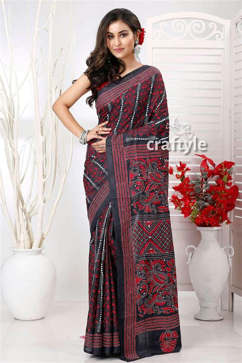 Ebony Black Kantha Stitch Blended Bangalore Silk Saree with Blouse Pie ...